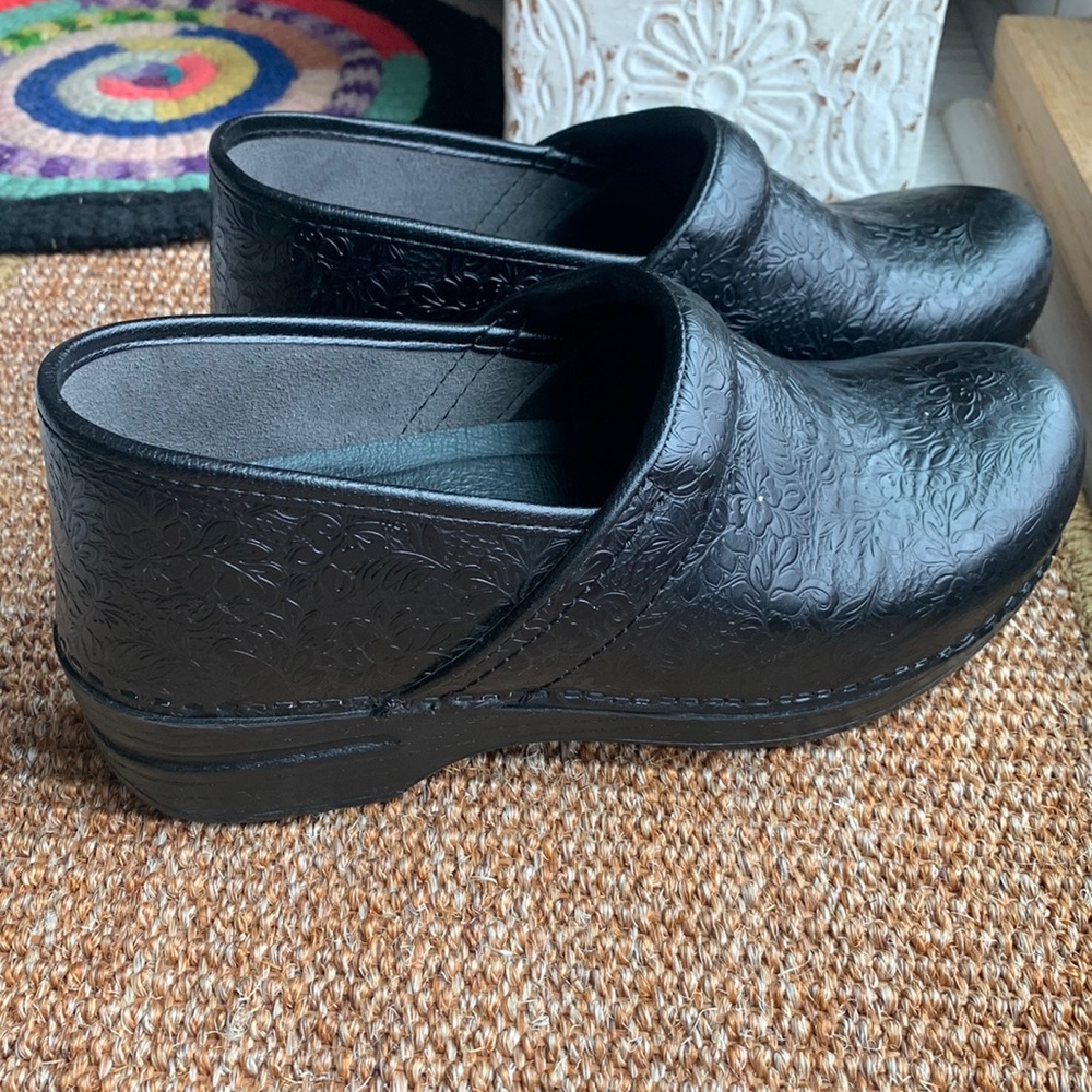 Dansko Black Embossed Leather Slip-On Clogs